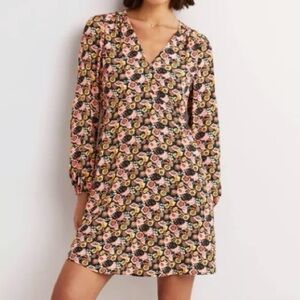 Boden Green Pink Yellow Floral Long Sleeve Fit and Flare V-Neck Tea Dress